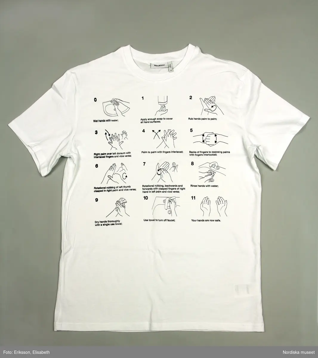 T-shirt av vit bomullstrikå. kort ärm. Tryck på framsidan i svart/vitt med instruktion av hur handtvätt skall utföras med beskrivande text.
Bak i halsringningen två tygetiketter med text: "WEEKDAY" / "MADE IN BULGARIA" samt på den sistnämnda "M" (storleksangivlese för Medium). Nedtill på insidan vid vänster sidsöm vit tygetikett med tvättsymboler (30 grader, ej kemtvätt, strykning eller torktumling) material (100% bomull, texten på flera språk) samt kontaktuppgifter till Weekdays (adress och hemsideadress). 
/Leif Wallin 2022-06-15