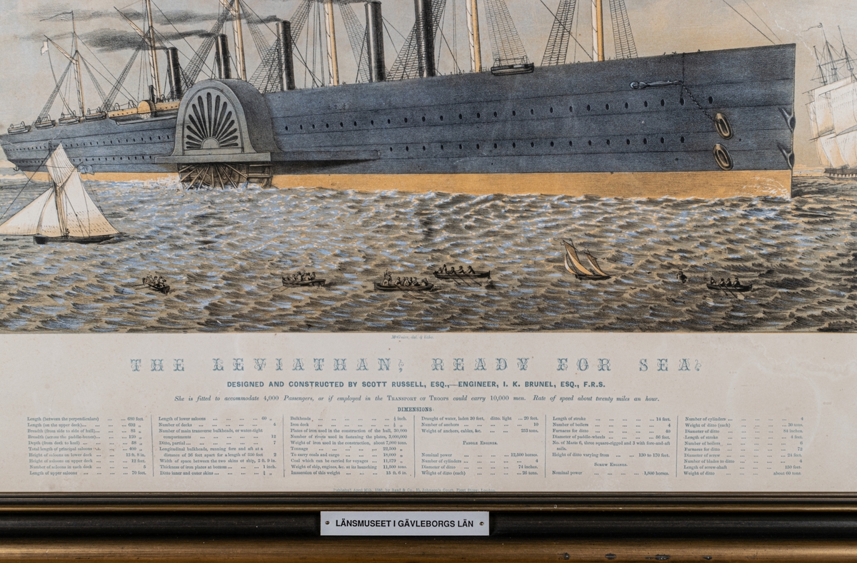 Tavla med ram under glas. Tryck på papper. Motiv: ångfartyget "Leviathan" till havs, (vid sjösättningen 1858 hette fartyget "Great Eastern"). Styrbord mot betraktaren. Sex bruna master utan segel. Fem svarta skorstenar, skrov mörkblått och orange. Skovelhjul på styrbords sida, grå. "Leviathan" var 1800-talets största fartyg. I förgrunden svart-gult-blått hav med bemannade roddbåtar och segelbåtar. I bakgrunden till höger ett större segelfartyg. Himlen blå. Tavlan signerad längst ned till höger "H.C.M". Under bild text: McGuire Del & Litho. Längst ned blå text med utförlig beskrivning av fartygets dimensioner och övriga prestanda. Etikett på baksidan med förvärvsuppgifter. Förgylld träram med pastellage, profilerad utan ornament.