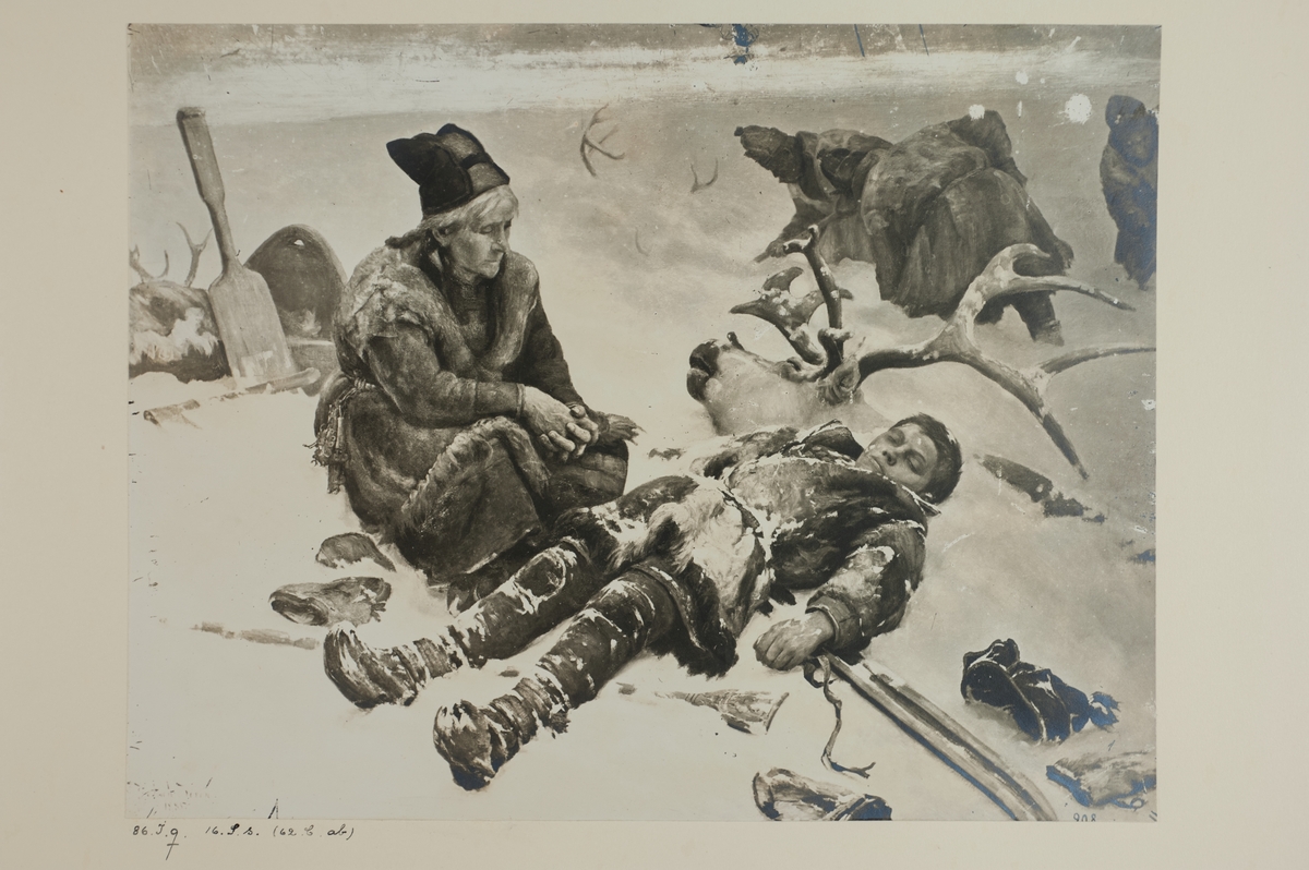 "Efter stormen." En mor sitter intill sin döde son. Foto av oljemålning av Johan Tirén från 1885.