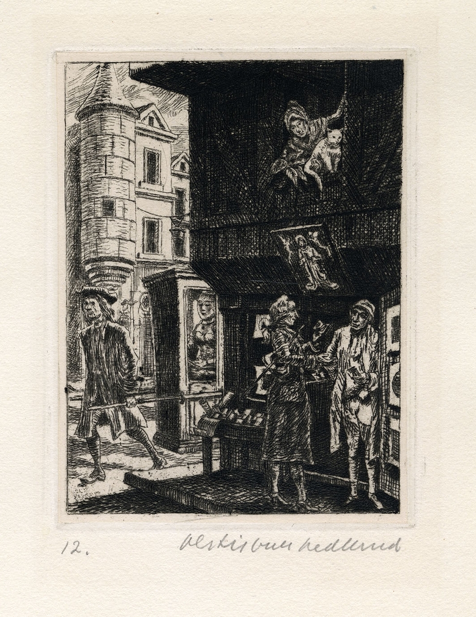 I ett gathörn i Paris står en välklädd herre och handlar bilder i en affär som öppnar sig mot gatan. Ovanför tittar en kvinna med en katt ut genom fönstret. Runt hörnet kommer en man som bär en kvinna sittande i en bärvagn för att slippa gå och smutsa ner sig.

Serie om tolv illustrationer till romanen Drottning Gåsfot (1893) av Anatole France, som var en av Frankrikes och Europas mest lästa författare och tilldelades nobelpriset 1921. Hjalmar Söderberg gjorde en hyllad översättning, som Bertil Bull Hedlund illustrerade till utgåvorna 1945 och 1950 på Norstedts förlag. Romanen utspelar sig i Paris i början av 1700-talet.

"Han tycktes trots sina gråa hår vara i sin ålders fulla kraft. Han hade en leende mun och livliga ögon. Hans något tunga kinder och hans tre hakor lägrade sig majestätiskt över en prästkrage, som av sympati hade blivit lika fet som halsen."

Jacques Ménétrier är sex år när han får ta över hundens hedervärda uppgift att vrida på veven i grillstugan Drottning Gåsfot, ett slags grillrestaurang eller stekhus. Hunden duger inte längre till, säger far, men med eftertanke och med en smula vana kommer du att göra din sak lika bra som han. Där sitter Jacques en dag och vevar när abbé Coignard träder in i köket. Abbén har en idé: i utbyte mot mat kan han undervisa unge Jacques i latin, grekiska och kristendom. Och där börjar historien om Jacques många märkvärdiga äventyr tillsammans med den minst sagt okonventionelle abbén. Drottning Gåsfot är Anatole Frances mest älskade och spridda verk. På franska heter boken La Rôtisserie de la reine Pédauque. (Stockholms stadsbiblioteks webbplats 6 sept 2022)