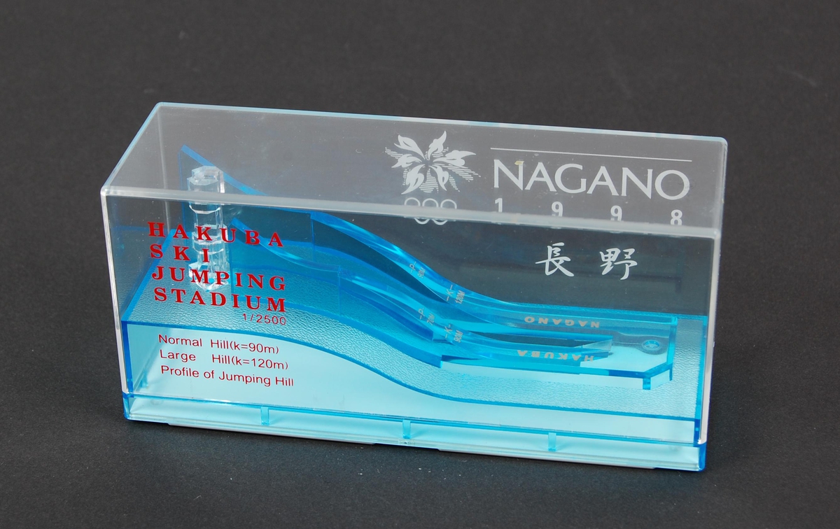 Modellen er av plast og består av to hoppbakker. Det er et plastdeksel over modellen med logo for de olympiske leker i Nagano i 1998. Modellen ligger i en hvit pappeske. I pappesken ligger det også en brosjyre med informasjon om hoppanlegget i Hakuba.