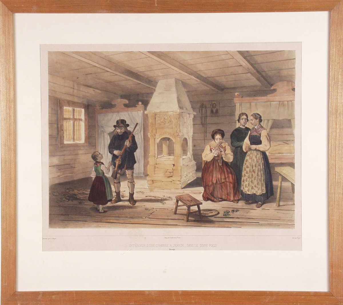 Et stueinteriør med tre draktkledde damer, en mann og en liten pike.