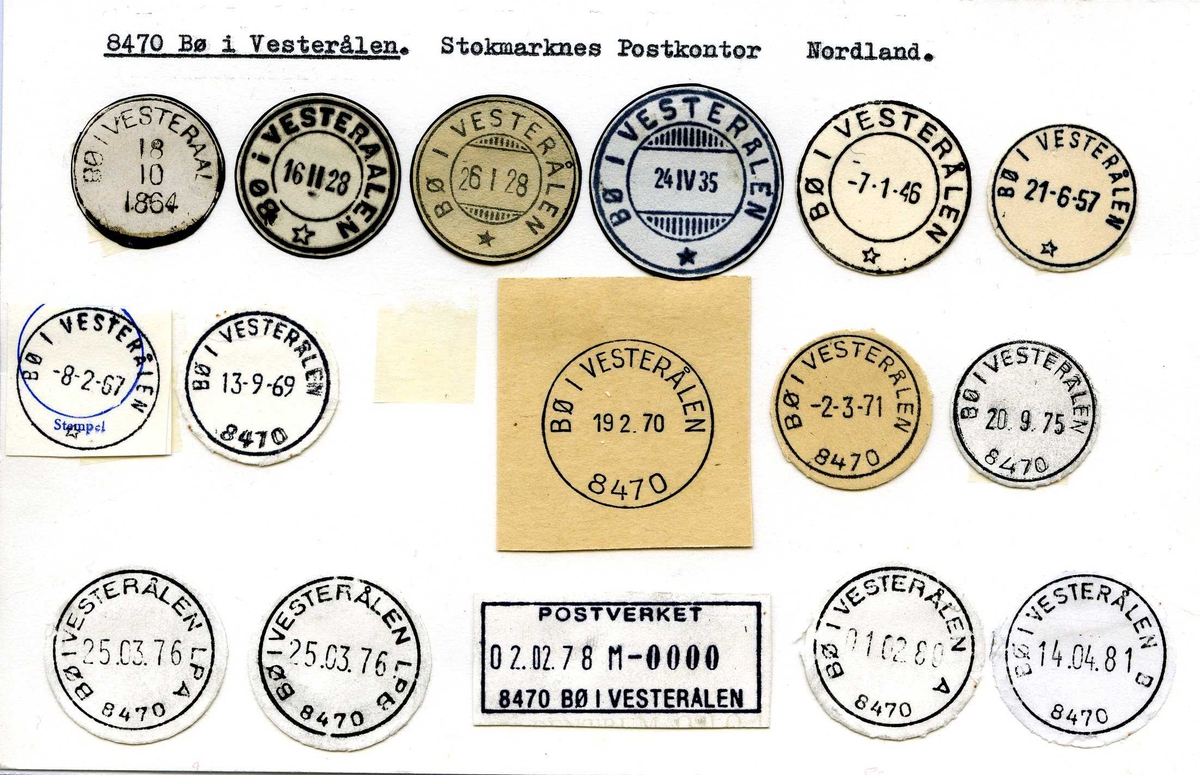 Stempelkatalog, 8470 Bø i Vesterålen. Stokmarknes (Sortland) postkontor. Bø kommune. Nordland fylke.