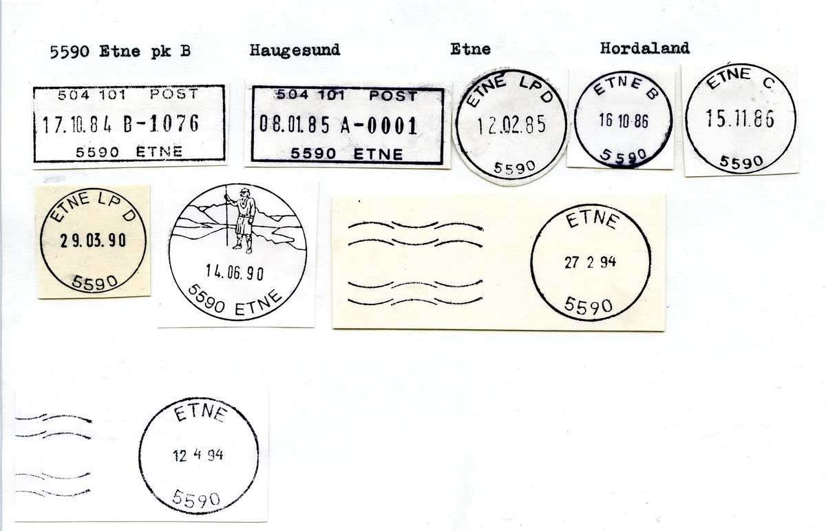 Stempelkatalog. 5590 Etne. Haugesund postkontor. Etne kommune. Hordaland fylke. (Speiderleiren Etne 1930).