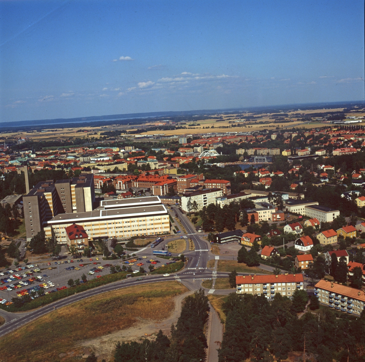 Vy över Linköpings universitetssjukhus. Lio. Sjukhuset i Linköping. Flygbild.