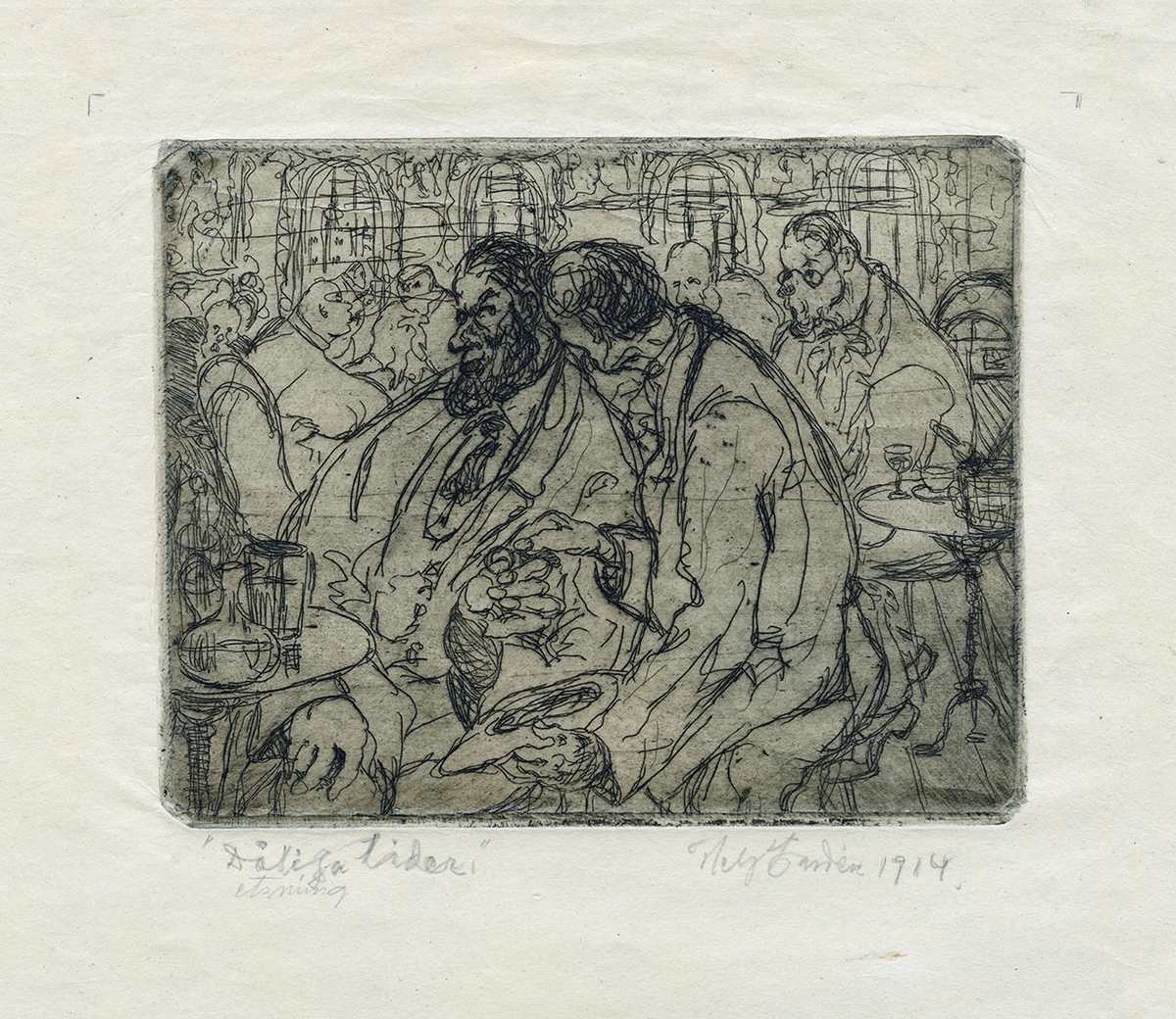 Restaurangmiljö. I förgrunden två män i knäfigur. Den ene, sittande vid bord med glas och karaff, bjuder den andre iklädd överrock och med hatten i hand, på snus. Kroggäster myllrar i bakgrunden.