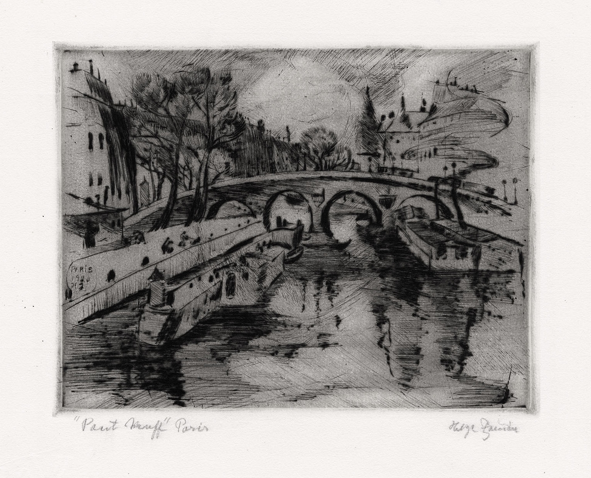 Bron Pont Neuf över floden Seine i centrala Paris. Pråmar på vattnet och längs kajerna människor, hus och träd.