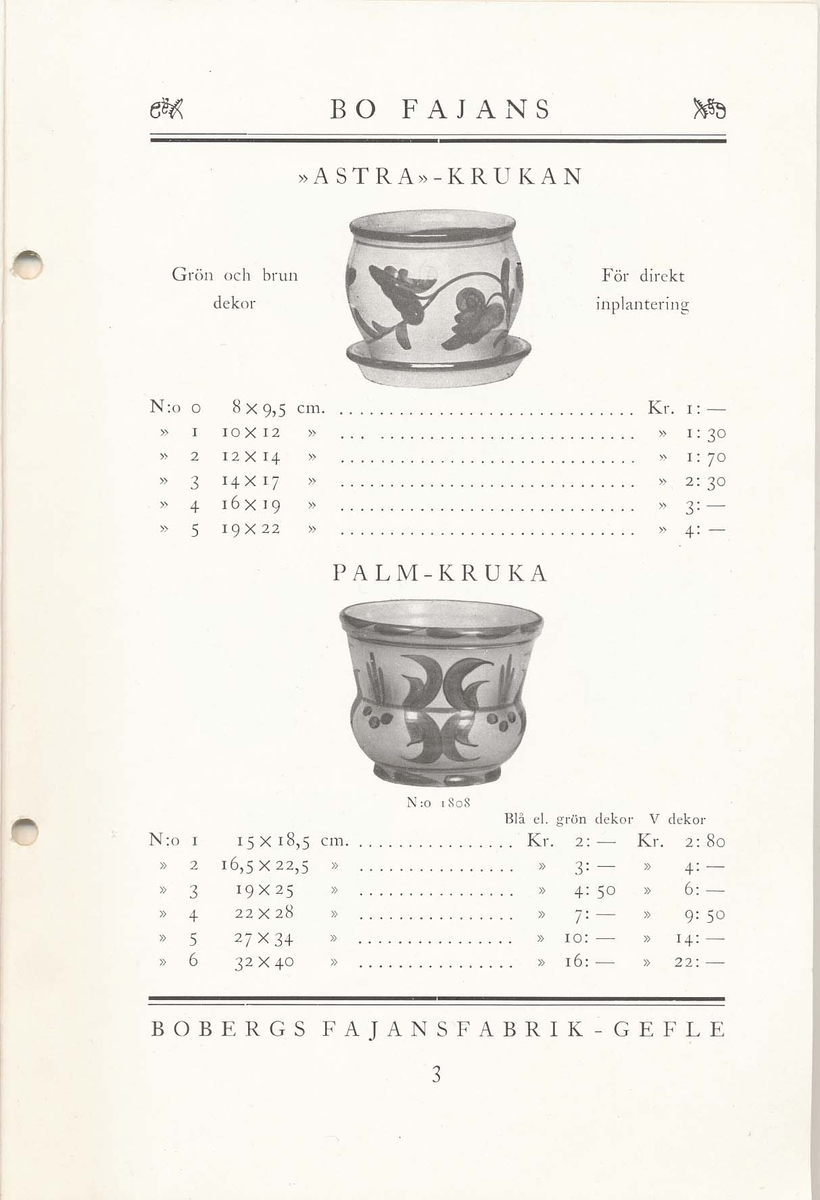 Produktkatalog från Bo Fajans 1930. Handdekorerade fajanser komponerade av Eva Jancke Björk, Allan Ebeling och Maggie Wibom.