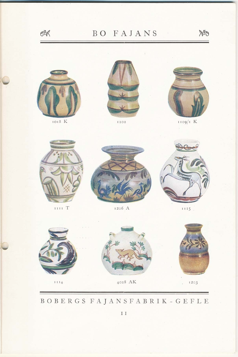 Produktkatalog från Bo Fajans 1930. Handdekorerade fajanser komponerade av Eva Jancke Björk, Allan Ebeling och Maggie Wibom.