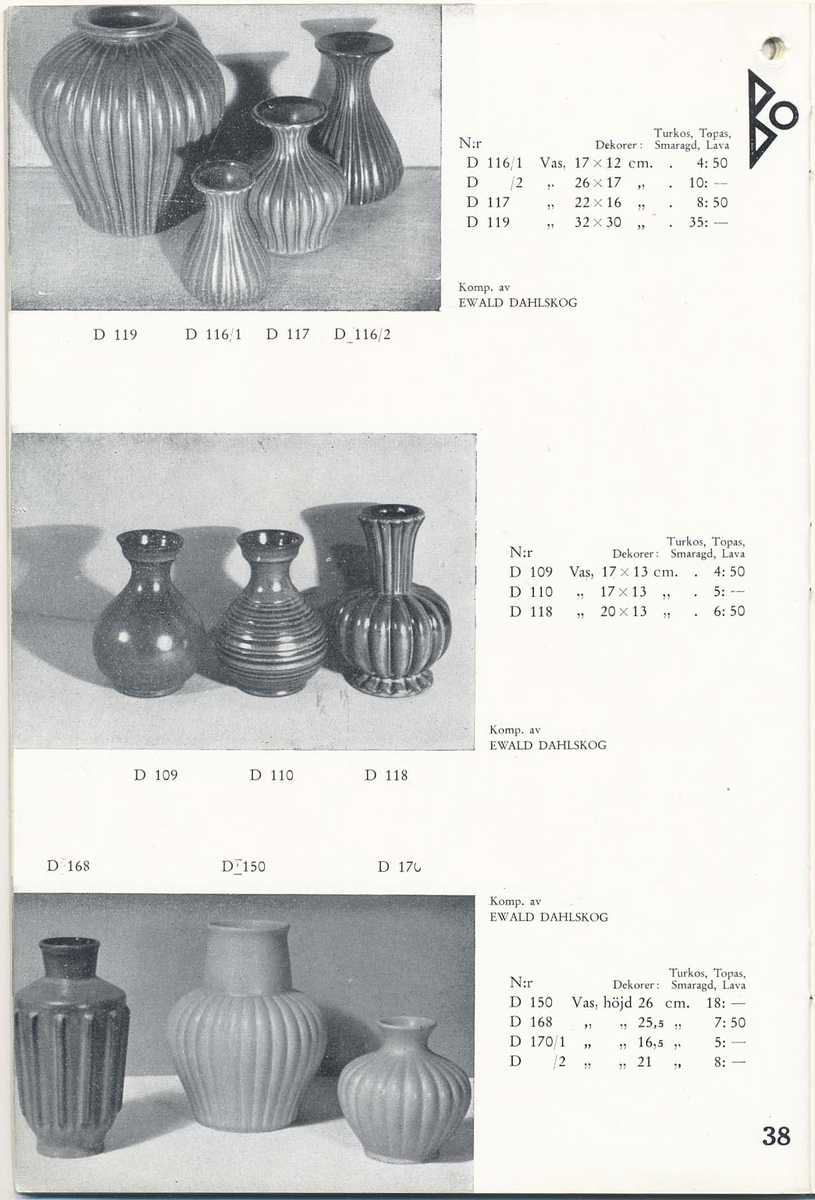 Priskurant från Bo Fajans 1938, med praktiska hushållsfajanser, konstglaserade dekorativa fajanser som terrasskrukor, vaser, skålar och blomkrukor.