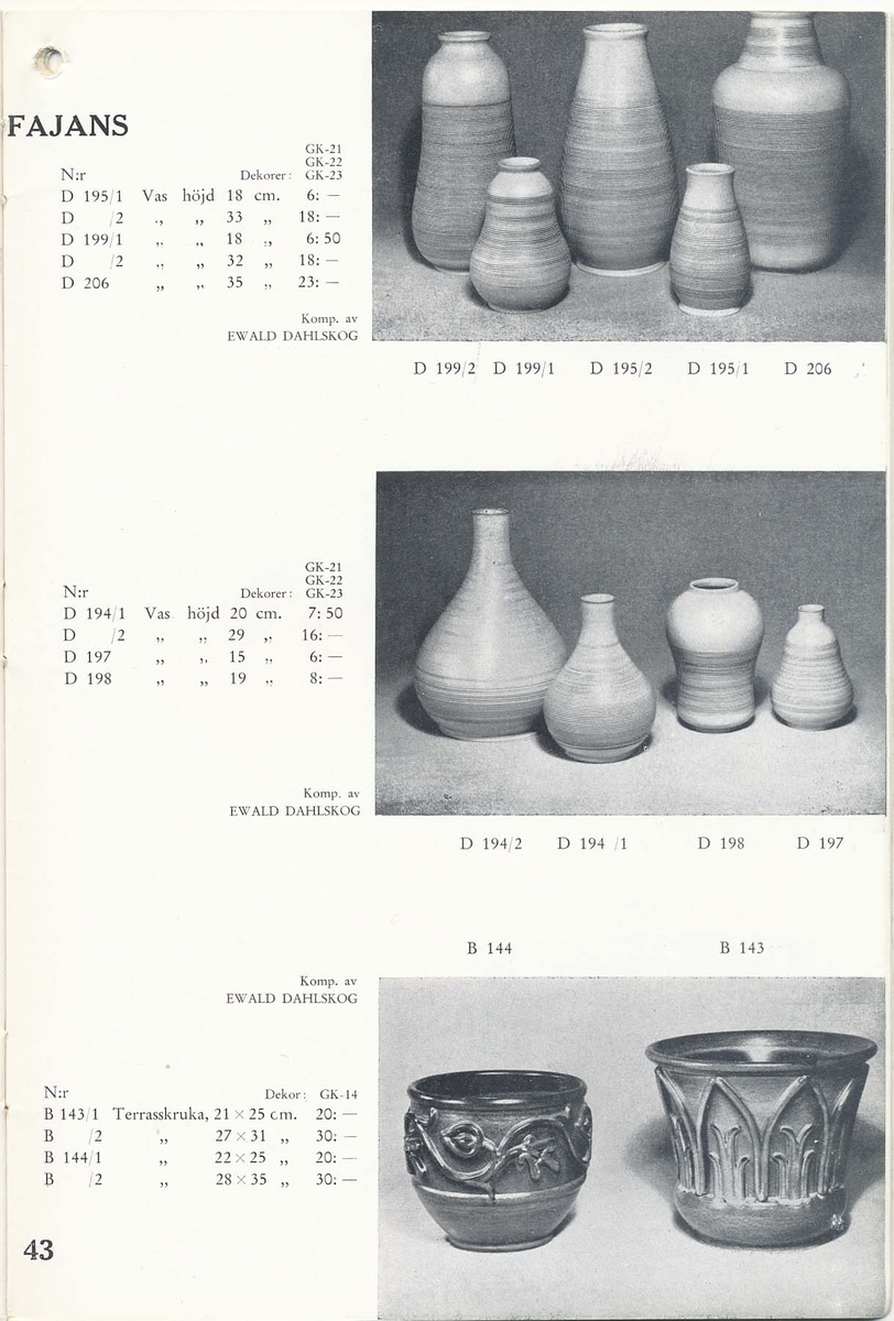 Priskurant från Bo Fajans 1938, med praktiska hushållsfajanser, konstglaserade dekorativa fajanser som terrasskrukor, vaser, skålar och blomkrukor.