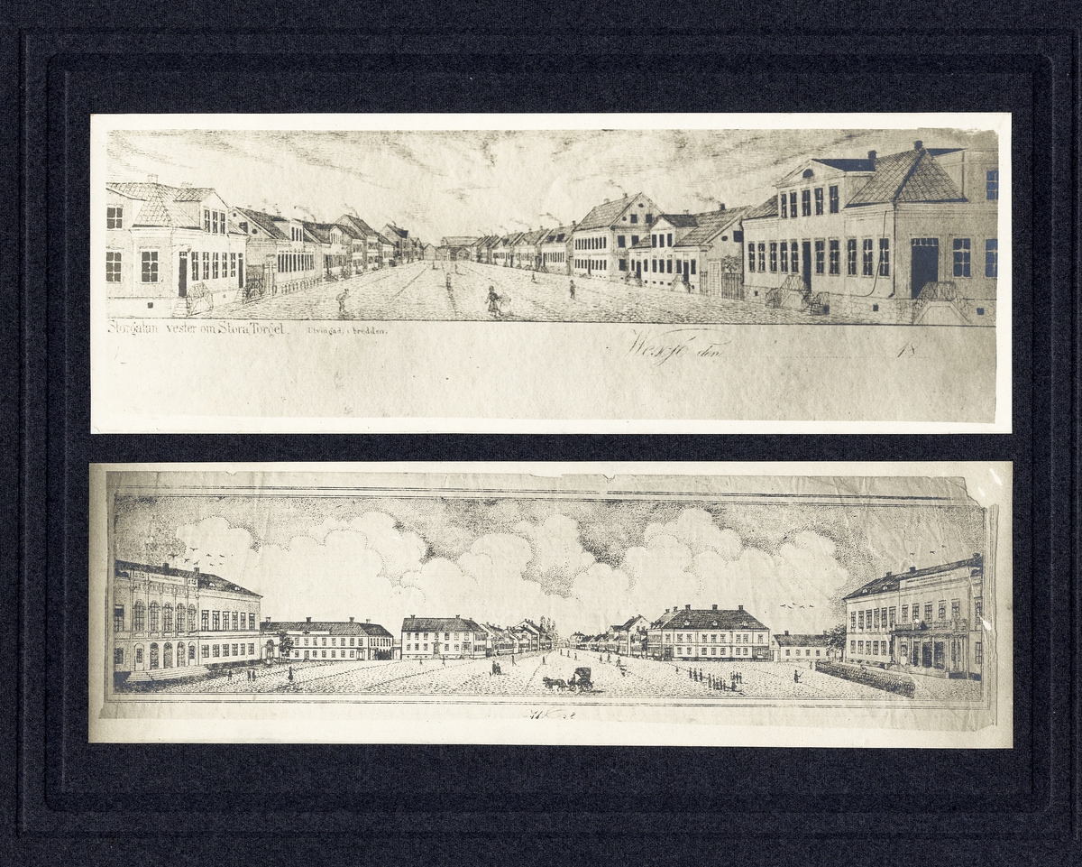 Avfotograferade litograferade brevhuvuden, Överst Storgatan väster om Stortorget, där under Stortorget med vy västerut längs Storgatan. Ca 1845.