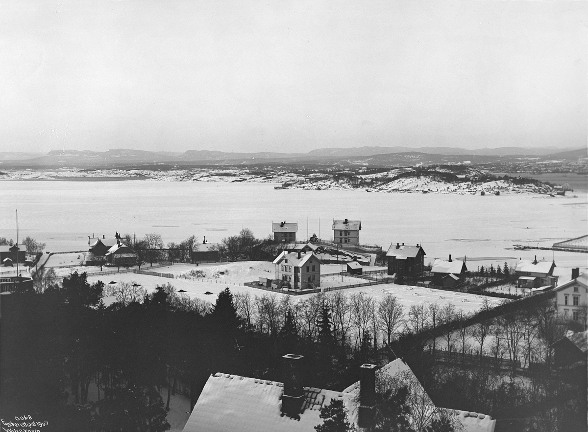 Utsikt utover fjorden fra Nerliens villa på Bekkelaget 23. januar 1907.