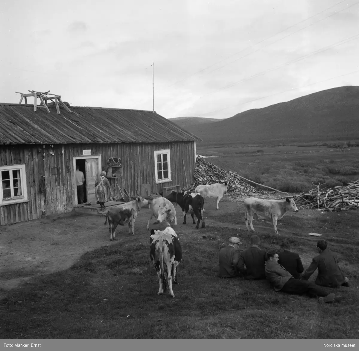 Fjällgården i Kummavuopio sommaren 1943. Mattias och Olga Raattamaa är på väg in i huset för att göra i ordning turistkammaren åt fem norska flyktingar. De fem männen vilar på gårdsplanen intill korna. I bakgrunden fjället Leutsuvaara på den finska sidan av gränsen.