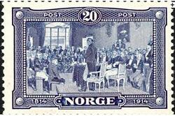 foto av et frimerke fra hundreårsjubileet for Grunnloven. Pålydende verdi er 20 øre, og illustrasjonen er et stikk av Oscar Wergelands maleri Eidsvold 1814