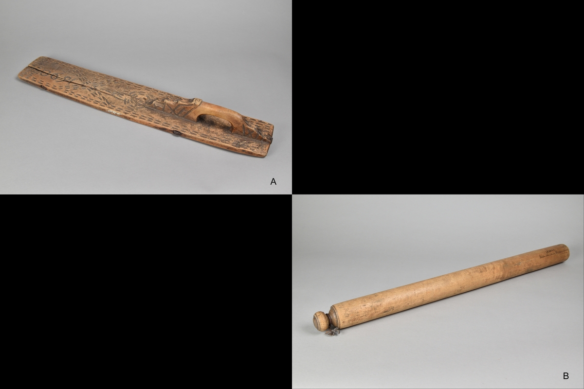Kavelbräde/mangelbräde med tillhörande kavel tillverkat i trä. Kavelbräde med rektangulär, rak form och handtag av trä. Ovansidan av brädet ornerat med enkla inskärningar samt märkt "1690 AOD". Rund kavel med svarvad knopp i ena änden. 