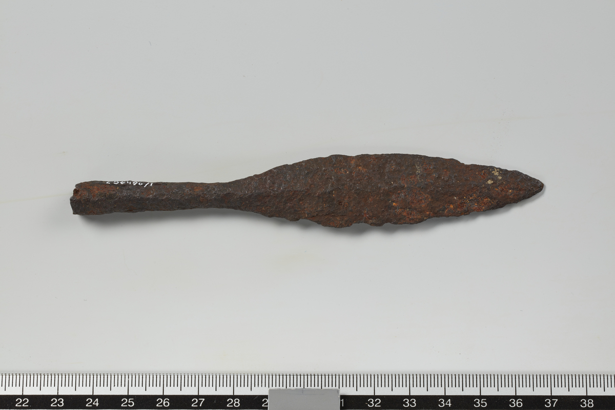 Pilspiss av jern med fal, nærmest som R.535, men med mindre markert rygglinje på bladet. Spissen er noe avbrutt langs den ene eggen av bladet og langs kanten på falen.