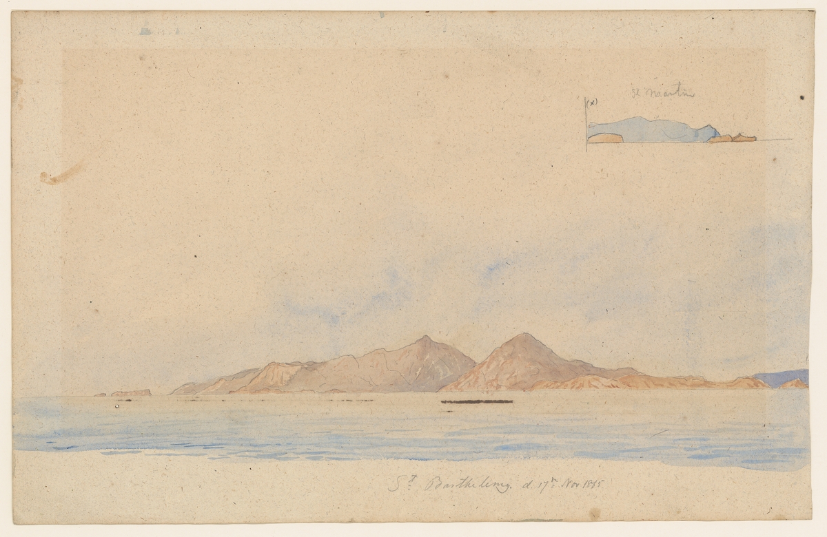 Akvarell: Kustparti av Ön S.t Barthelemy 17/11 1865.
 I övre högra hörnet, kustparti av ön S.t Martin.