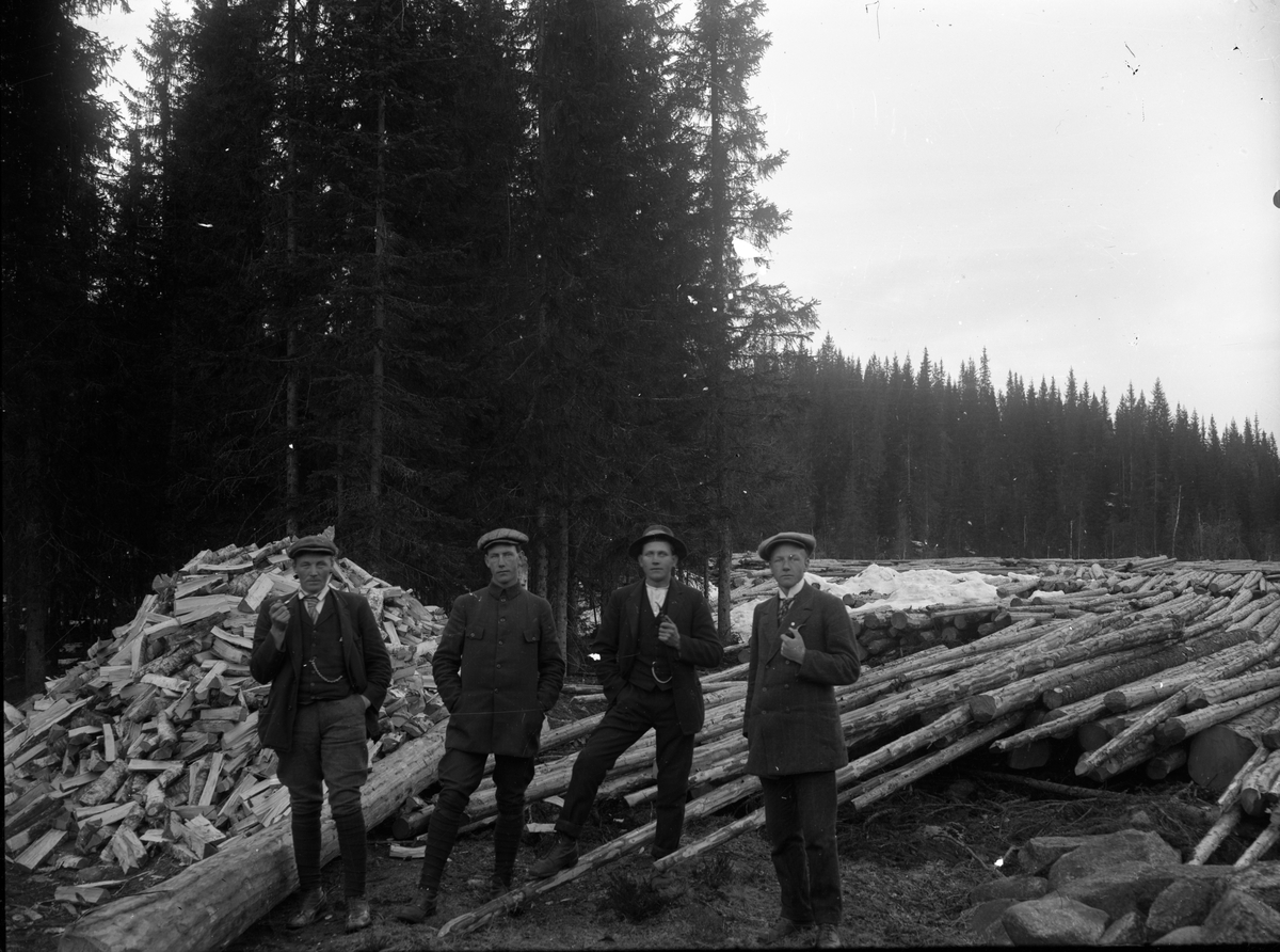 Portrett av fire menn ved et tømmeropplag.

Fotosamling etter fotograf og skogsarbeider Ole Romsdalen (f. 23.02.1893).