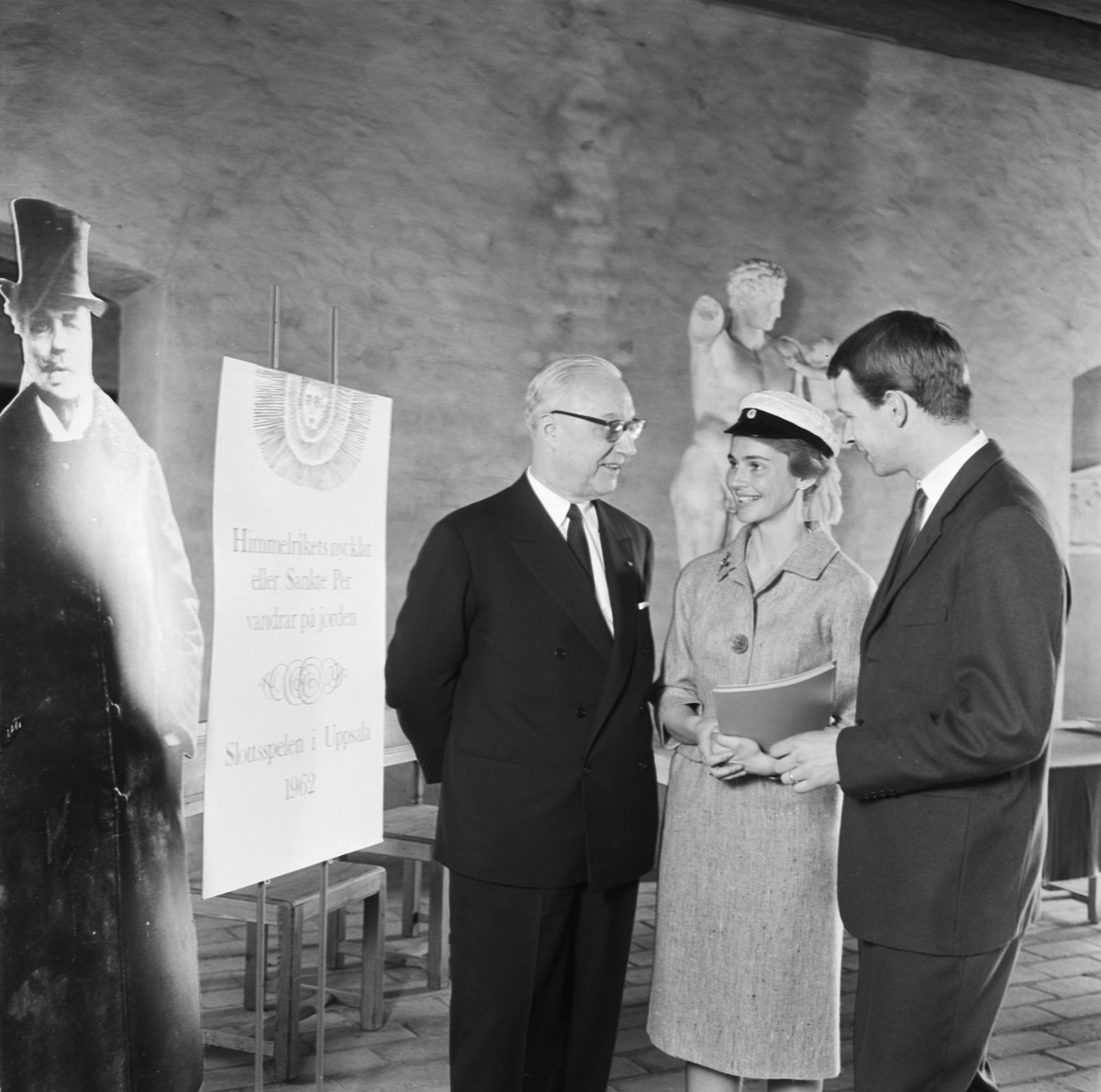 Slottsspelen, pressvisning, Maud Adamsay, Lars Florin och Gustaf Grahn, Uppsala 1962