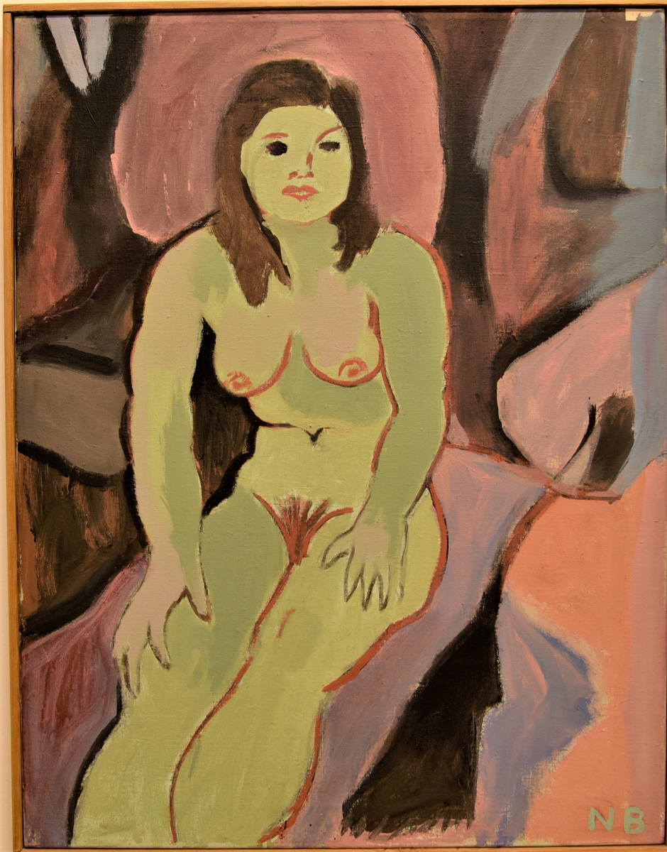 På en stiliserad klippa i grålila nyanser sitter en naken kvinna; hennes hud är återgiven i dämpat blågrönt, konturerna är rödbruna.