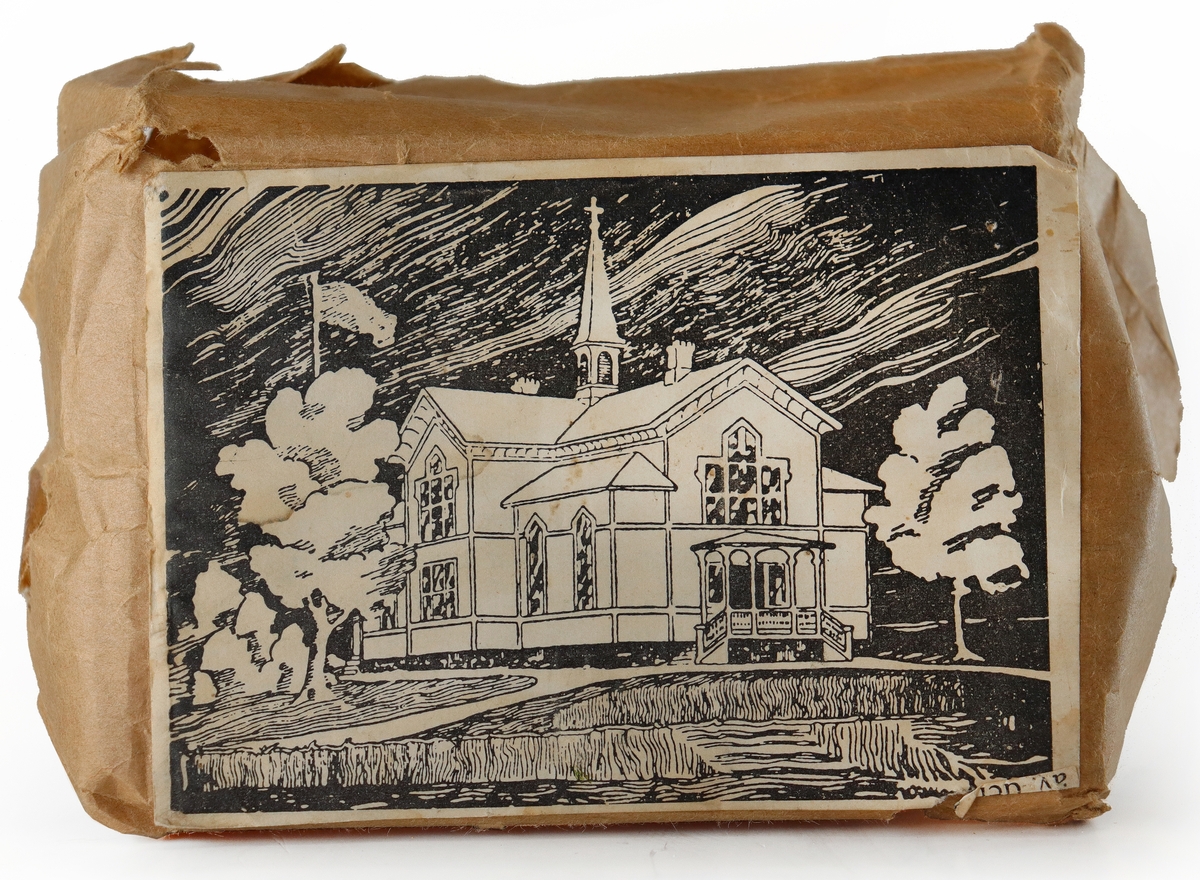 Kliché av trä & metall föreställande missionskyrkan i Torsåker.