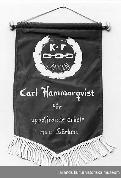 Entungat standar i siden med målad text och emblem "K.F-LÄNKEN, Carl Hammarqvist för uppoffrande arbete inom länken". Silkesfrans nedtill, montering med tunnel och stång med knoppar.