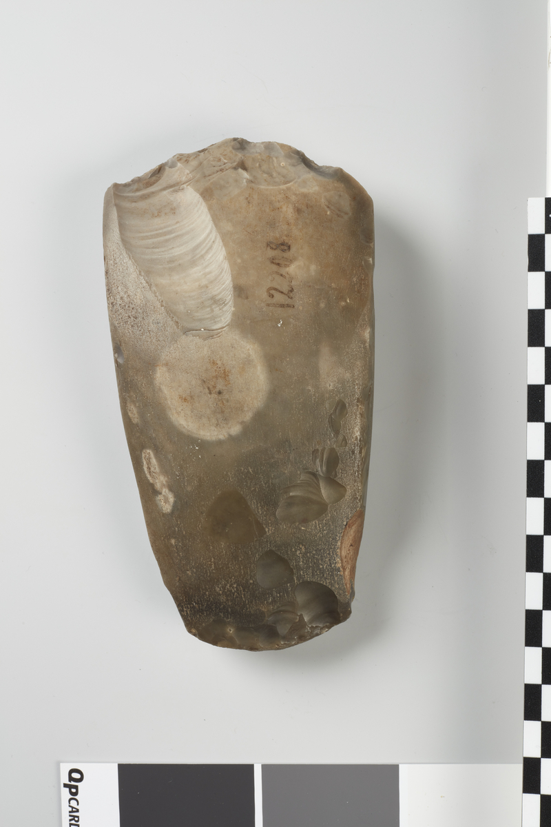 2 Flintøxer, Form som NO. 7, 15,5 og 14,2 cm. lange, helt slebne (den største dog kun ufuldstændigt paa Smalsiderne).
Begge f. paa England i Røken Pgd., Buskerud Amt. (12207. 12208).