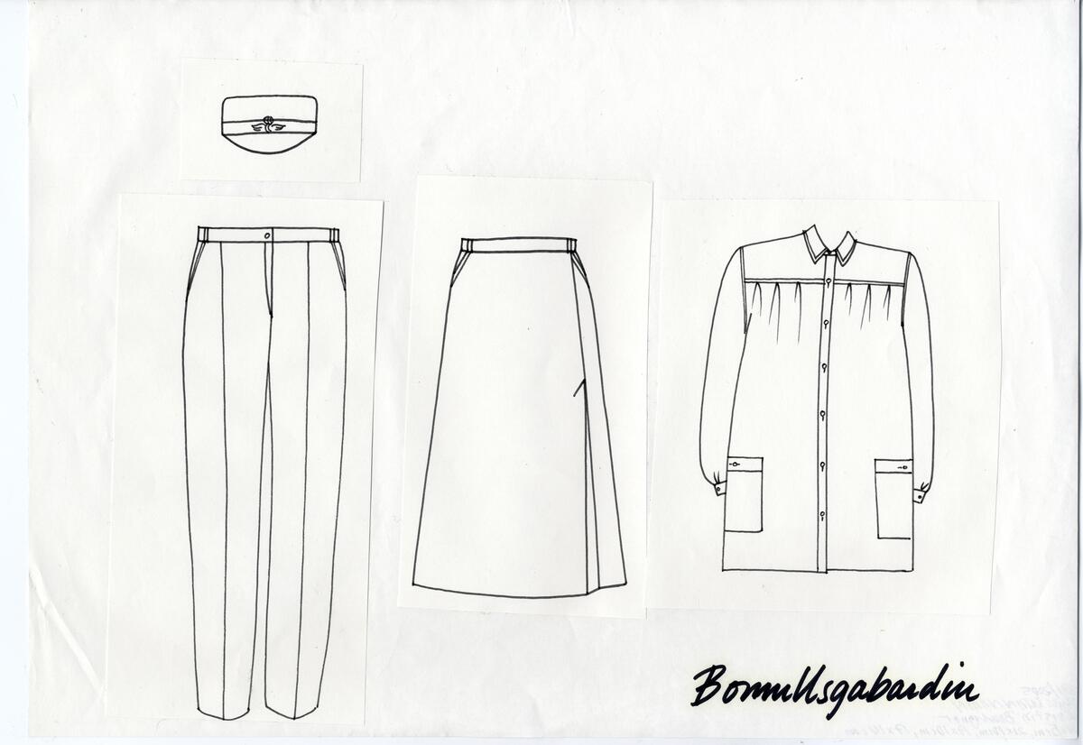 Skisser av byxa, kjol, ytterplagg samt skärmmössa i bomullsgabardin till ny klädsel för SJ:s tågpersonal. Uppdrag av Byrålådan.|