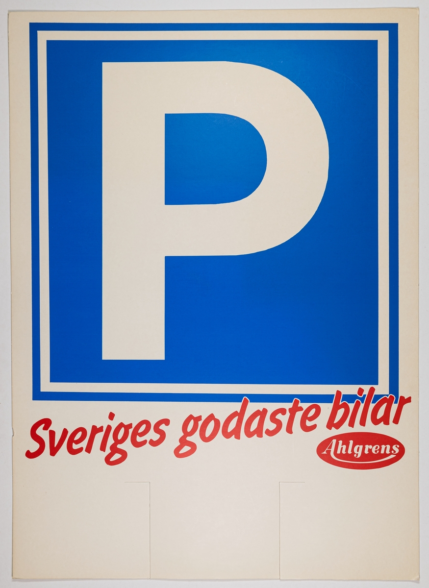 Reklamskylt av papp, flerfärgstryck, för Ahlgrens bilar.