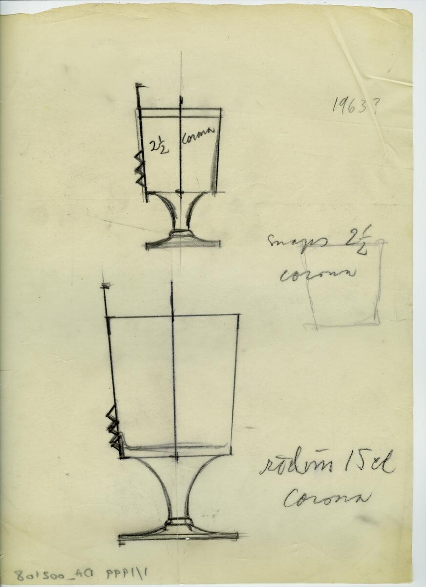 Materialet innehåller skisser till glasföremål som servisglas, vaser, kannor m.m.