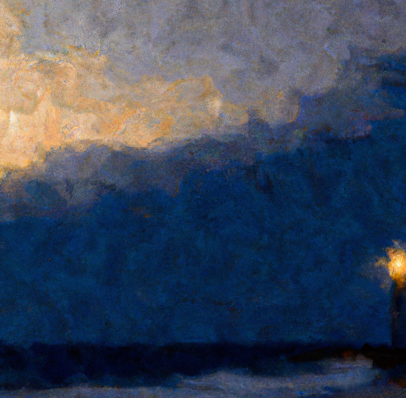 Et generert maleri av et fyrtårn, stor himmel, hav.