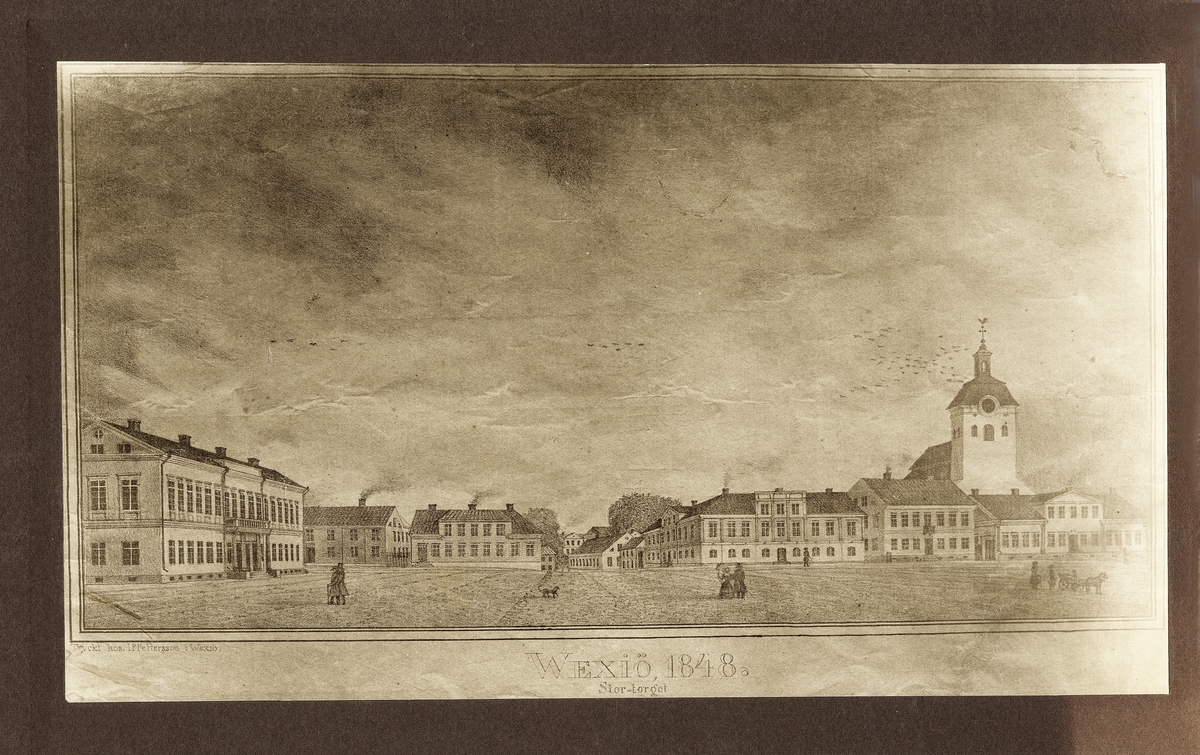 Växjö stortorg 1848. Vy österut mot domkyrkan m.m.
Avfotograferad litograferad målning.