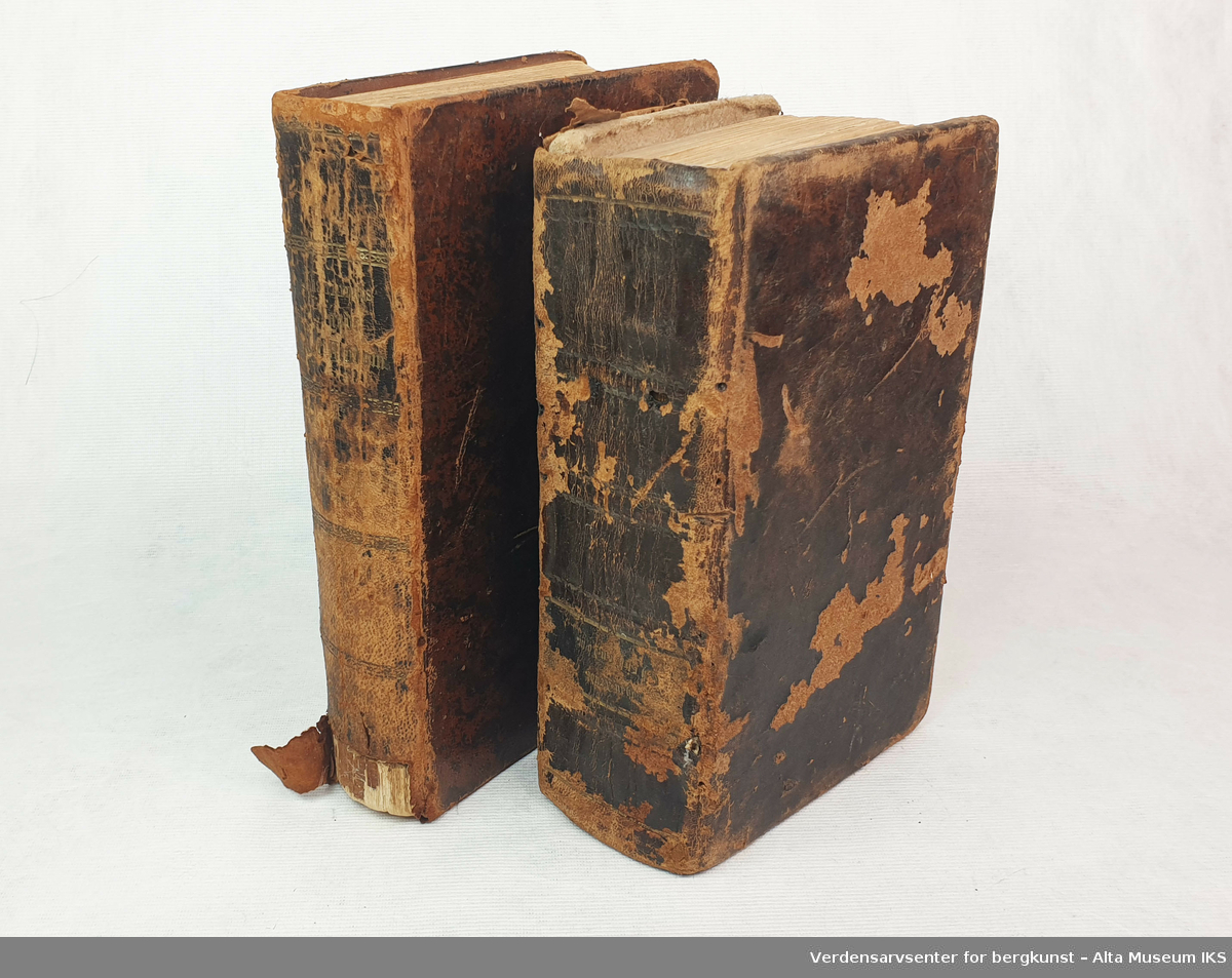 To utgaver av samme religiøse bok innbundet i skinn, den ene boka har rester etter hemper i skinn. Innbindingene er i dårlig stand.