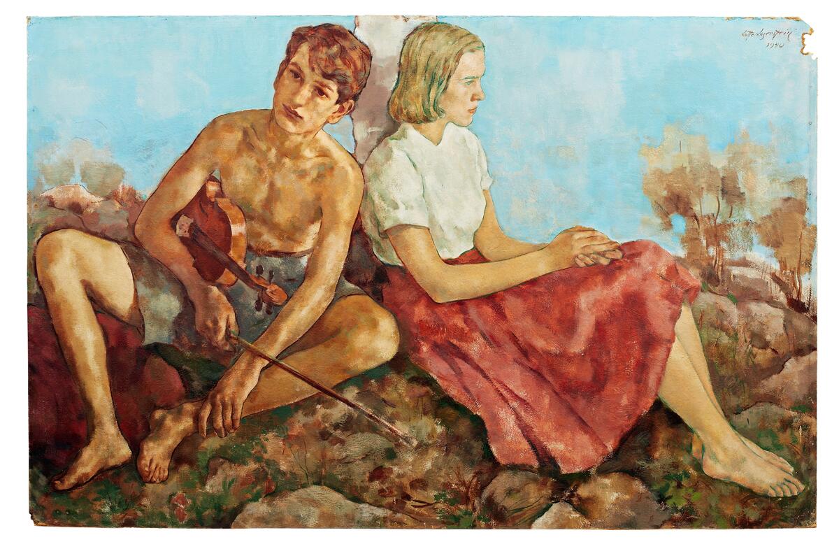 1940 olja på masonit i 13 delar. Donation år 2015. Sommaren 1940 vistades Lotte Laserstein på Stenvik utanför Mariefred. Stenvik ägdes då av familjen Sjögren. Karin Hallin (född Sjögren) arbetade vid denna tid på det ansedda Galerie Moderne i Stockholm. Troligen kom Laserstein i kontakt med Sjögren på Stenvik genom konstgalleriet. Som tack för vistelsen målade Laserstein denna väggmålning åt värdparet, anpassad till ett speciellt rum i villan. I målningen figurerar olika personer som ingick i konstnärinnans närhet sommaren 1940. Lotte Laserstein föddes i Ostpreussen. Hon gick ut konstskolan Vereinigte Staatsschulen für freie und angewandte Kunst i Berlin 1927 och blev snabbt uppmärksammad för sitt porträttmåleri. Hon fick stora framgångar, men i och med nazisternas maktövertagande 1933 avbröts hennes lovande karriär. Laserstein fick som judinna allt svårare att utöva sitt yrke i Tyskland, men genom en utställning på Galerie Moderne i Stockholm 1937 öppnades en möjlighet för henne att lämna sitt hemland. Genom att ingå ett skenäktenskap kunde hon bli svensk medborgare och stanna i Sverige. Hon var först bosatt i Stockholm och senare i Kalmar. Hennes mor som var kvar i Tyskland dog 1943 i koncentrationslägret Ravensbrück efter att ha blivit nekad inresetillstånd till Sverige.Laserstein fortsatte att måla även efter flykten till Sverige. Hon etablerade sig som porträttmålare och har utfört ett stort antal representativa och karaktäristiska porträtt för offentlig miljö och privata hem, bland andra av Torgny Segerstedt som också ingår i Kalmar konstförenings samling. Sternverdunkelung var namnet på Judiska Museets utställning om henne och poeten och nobelpristagaren Nelly Sachs sommaren 2005, en påminnelse om två tysk-judiska kvinnor som båda tvingades i exil och kom till Sverige. Utställningar i London 1987 innebar början på en internationell återupptäckt av hennes konstnärskap. Två prestigefyllda Londongallerier ställde ut hennes verk under titeln: Lotte Laserstein: Paintings and Drawings from Germany and Sweden, 1920–1970. År 2003 fick hon en förnyad uppmärksamhet också i Tyskland genom en utställning på Museum Ephraim-Palais i Berlin. Meine einzige Wirklichkeit var temat för Berlinutställningen, ett citat från Laserstein som såg konsten som den verklighet hon levde i och för. Verklista för samlingsutställningen 2016, Kalmar konstmuseum