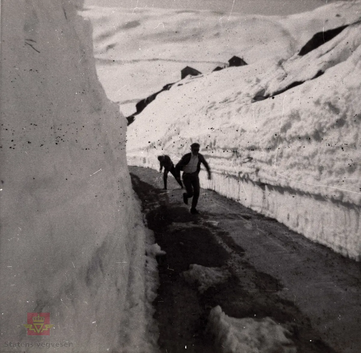 To gutar held snøballkrig mellom brøytekanta på vegen nedanfor Bårdalsstølen på Gaularfjellet år 1964.