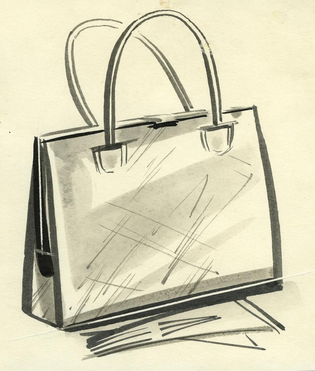 Skissen visar en kvadratisk väska med dubbla handtag samt ett par handskar.