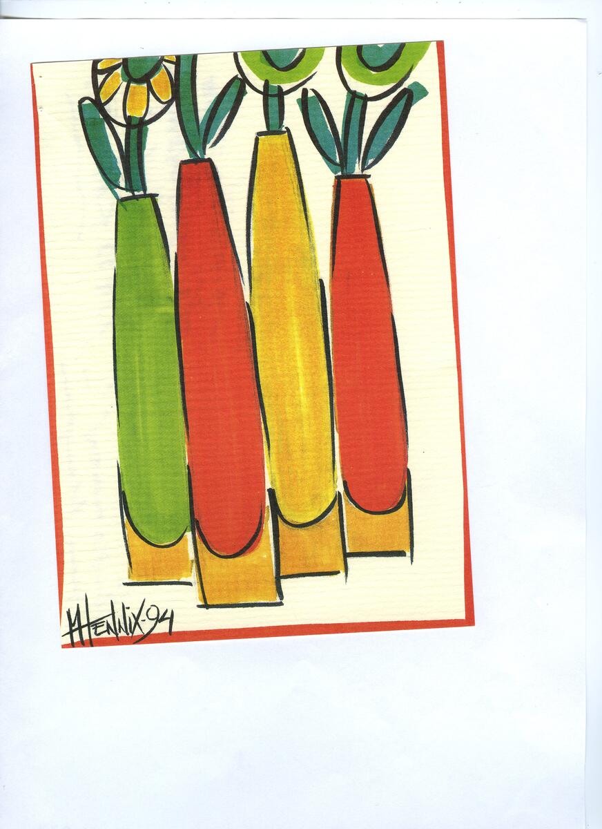 Skisser vaser konformad fot med spetsen upp med ett rör i, 18x12 cm. Konformad fot med spetsen ner och ett rör i, 10x6 cm. Färg lila.