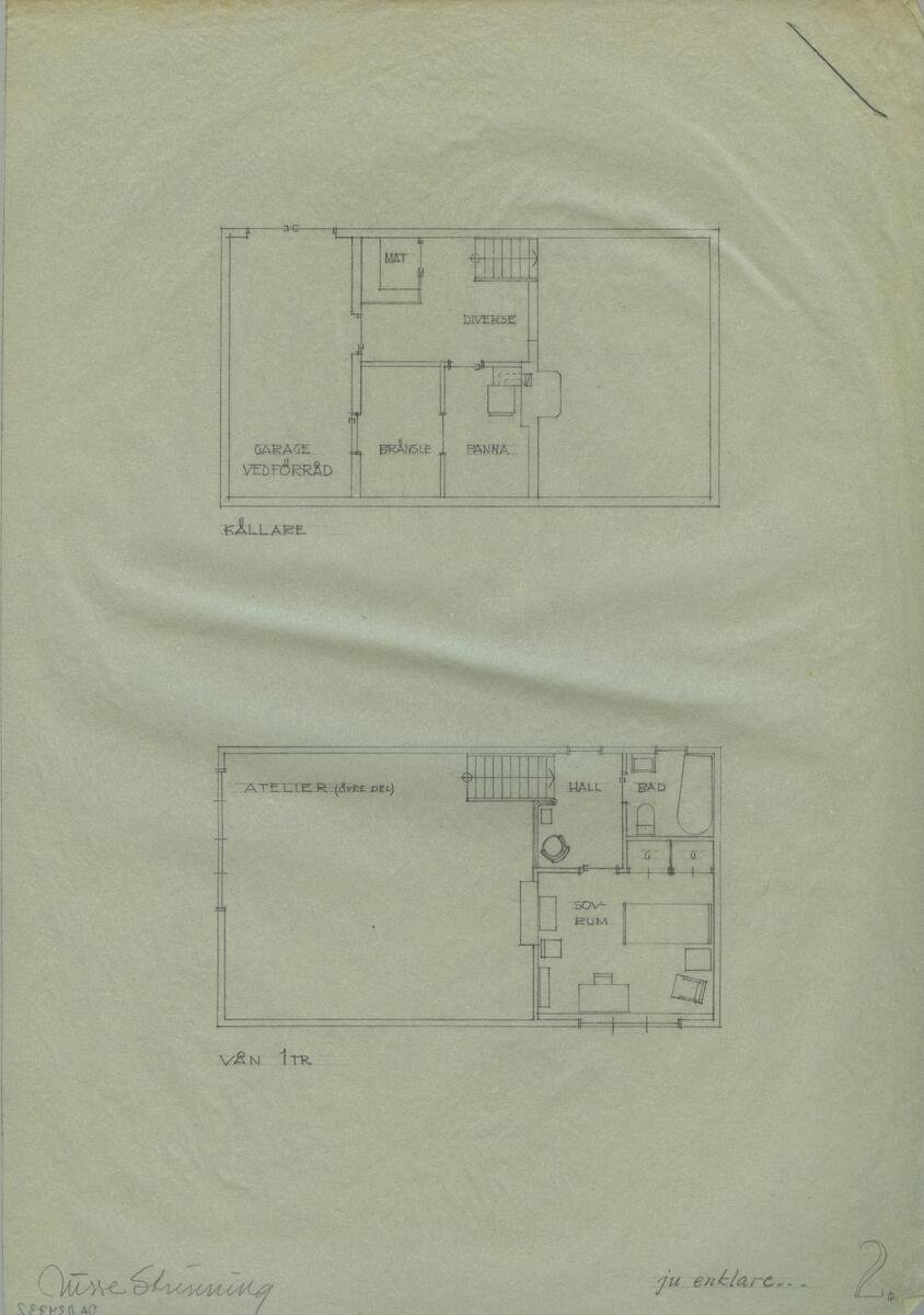 Planritningar över en treplansvilla, samt skisser av villans fasad från olika väderstreck.Noteringar.