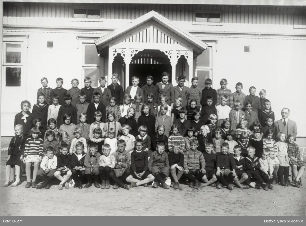 Skoleelever og lærere ved Alvim skole i Tune  ("Klokkerskolen") med lærer Per Molland, 1930-31. Navneliste med plassering på fotokortets bakside.