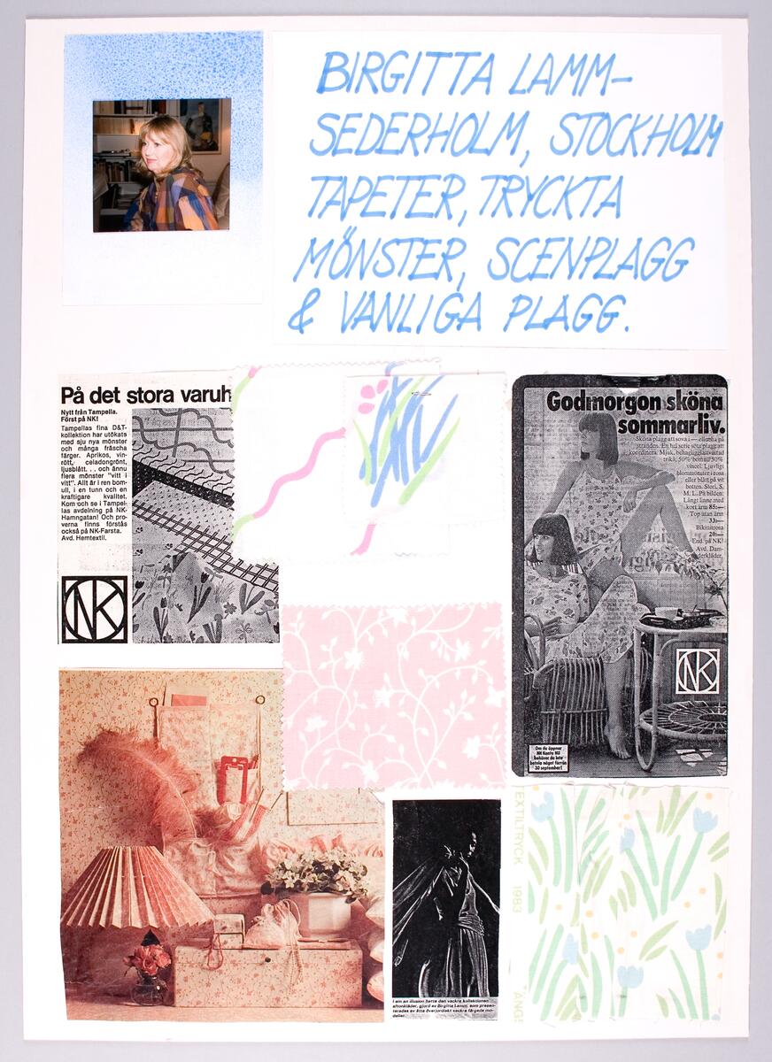 Collage presentation av konstnären och hennes produktion. Designer av tapeter, tryckta mönster, scenkläder m.m.
