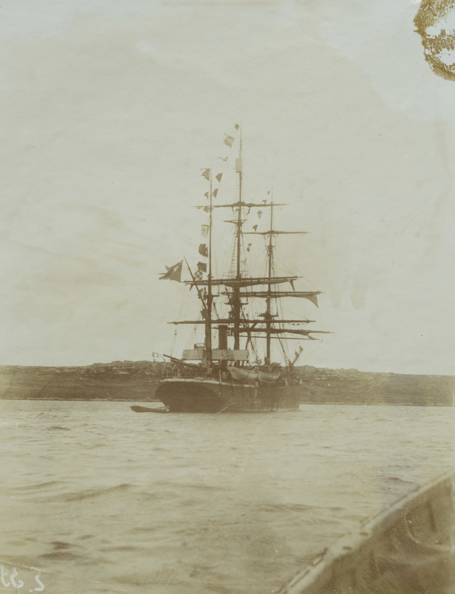 Fotografi från expedition till Grönland. Motiv av expeditionsfartyget Antarctic. Antarctic var en tremastad bark (ett segelfartyg) med ångmaskin som sjösattes 1871 och förliste 12 februari 1903.
