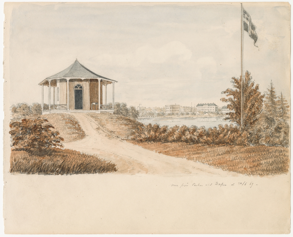 Blyertsteckning och akvarell. Vue från Parken vid Kasen 24/6 1869

Ur ett halvfranskt band med blyertsteckningar och akvareller.