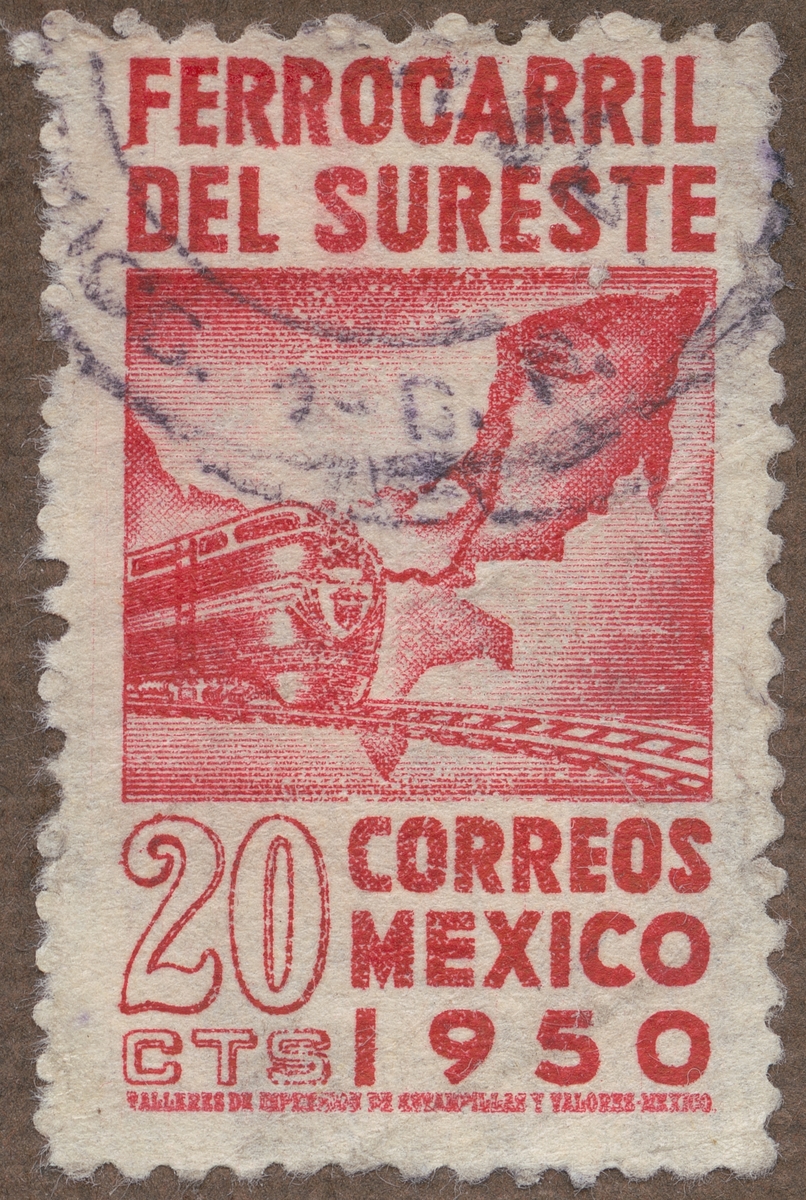 Frimärken ur Gösta Bodmans filatelistiska motivsamling, påbörjad 1950. Frimärke från Mexico, 1956. Motiv av Järnvägslinje Syd Västra Mexico