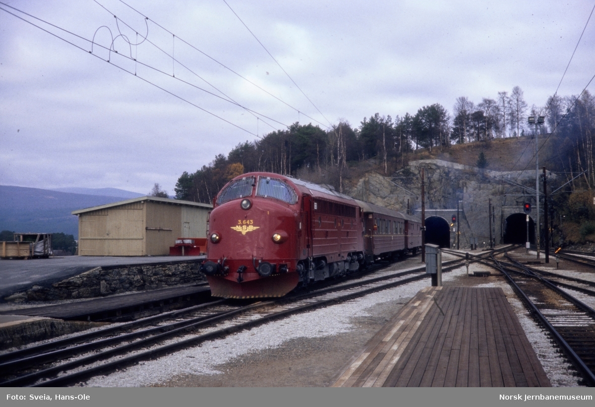 Diesellokomotiv Di 3 643 med persontog fra Åndalsnes, tog 354, på Dombås stasjon