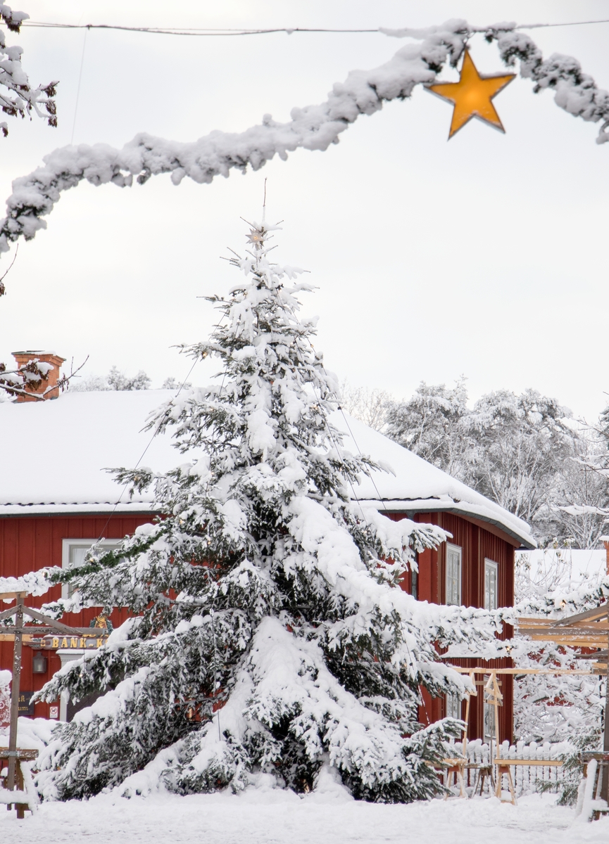 Julgran och snö på Kryddbodtorget. Julgransbelysning. Vinter i Friluftsmuseet Gamla Linköping år 2022.