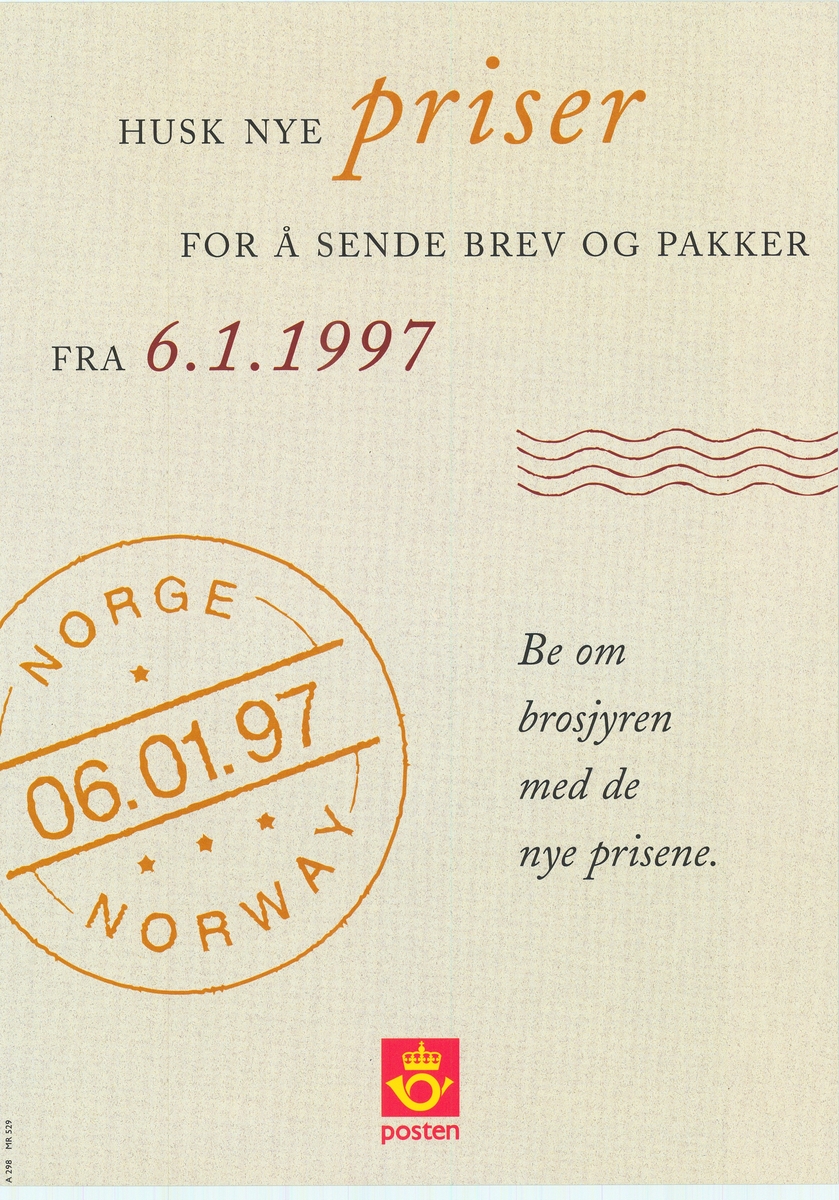 Tosidig plakat med tekst på nynorsk og bokmål. Rød og svart skrift på grå bunn. Postlogo.