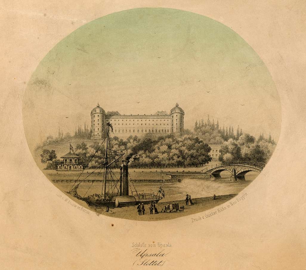 Uppsala slott och parti av Fyrisån, Hamnplan med ångbåt och personer som står på kajen, 1800-tal.