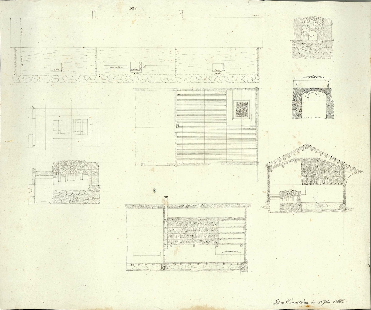 Ritning av byggnadskonstruktion, någon form av ekonomibyggnad, signerad Johan Wennström 1812.