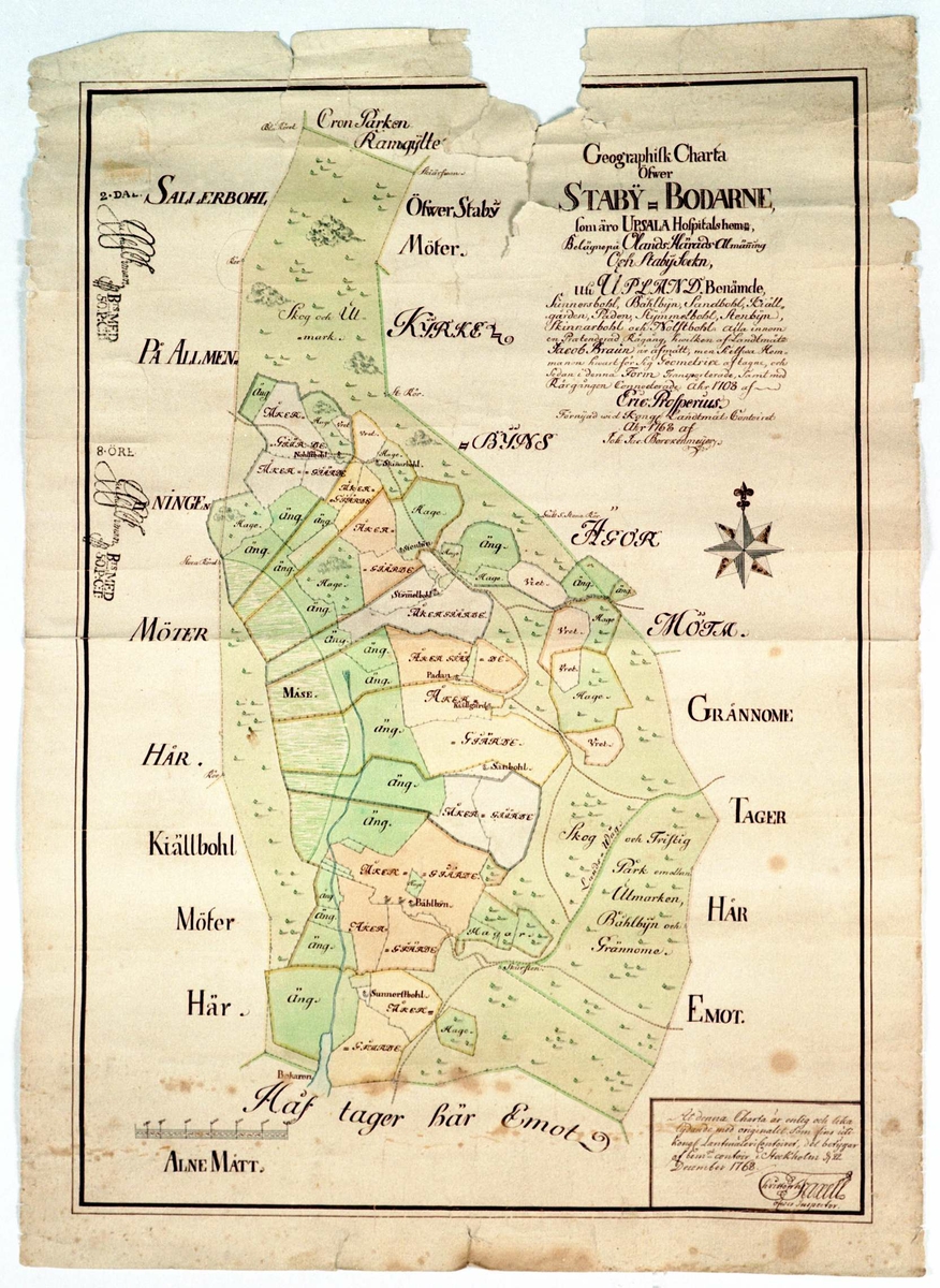 Geografisk karta. Kolorerad. Visar Staby-Bodarne, Uppsala hospitals hemman, Olands härad, Staby (Stavby) socken, Uppland. Datering 1708/1768.